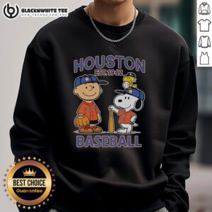 Alt Text: Good Charlie Brown, Snoopy, and Woodstock in Houston Astros baseball jersey sweatshirt, est. 1962, playful design.