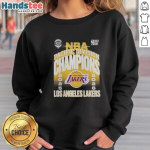 Good Los Angeles Lakers 2026 NBA Pacific Division Champions sweatshirt featuring team colors and logo design.