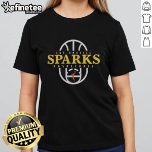Los Angeles Sparks 2026 authentic practice logo ladies tee, showcasing vibrant team colors and stylish basketball apparel design.