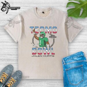 Alt Text: Official Tecmo Bowl X Topps Chrome Eagles Jalen Hurts washed t-shirt featuring vibrant graphics and a stylish fit.