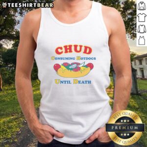 Funny Chud consuming hotdogs in a tank top, humorously depicting a gluttonous feast until death.
