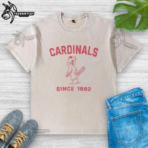 Alt Text: Premium St. Louis Cardinals Cooperstown Duster Washed T-Shirt displayed on a hanger, featuring vintage team graphics.