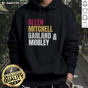 Cleveland Cavaliers starting four players in hoodies: Allen, Mitchell, Garland, and Mobley showcasing team spirit.