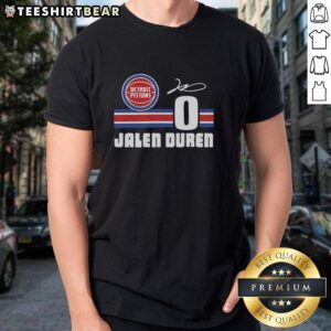 Top Pistons Jalen Duren Signature Jersey T-Shirt showcasing vibrant team colors and player's name for fans and collectors.