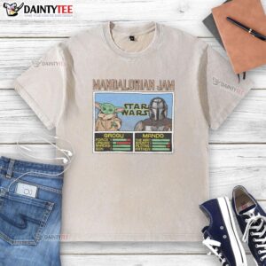 Alt Text: Official Mandalorian Jam Grogu and Mando washed t-shirt featuring vibrant graphics of Grogu and the Mandalorian.