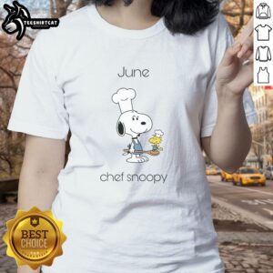 Alt Text: Cute June Chef Snoopy Ladies Tee featuring Snoopy cooking in a playful design, perfect for casual summer outfits.