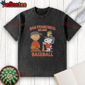 Alt Text: Awesome Charlie Brown, Snoopy, and Woodstock in San Francisco Giants baseball jersey Est. 1883 washed t-shirt.
