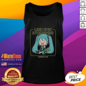 Alt Text: Surprised chibi Miku in a cute leek spin tank top, showcasing vibrant colors and playful design.