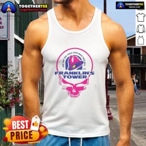 Top Franklins Tower God The Child tank top featuring a vibrant bell design, perfect for casual summer wear.