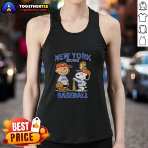 Alt Text: Charlie Brown, Snoopy, and Woodstock wearing New York Mets baseball jersey tank top, established 1962.