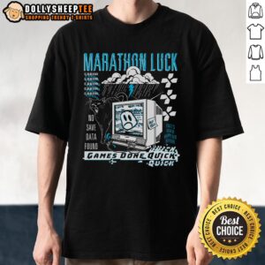 Alt Text: Top GDQ Marathon 'Luck Game Done Quick' T-Shirt featuring gaming graphics, perfect for speedrun enthusiasts.