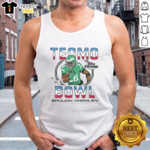 Alt Text: Pretty Tecmo Bowl X Topps Chrome Eagles Saquon Barkley tank top featuring vibrant graphics and sporty design.