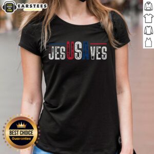 Awesome Jesus Saves USA 4th of July ladies tee featuring patriotic design and faith-inspired message.