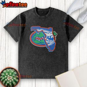 Alt Text: Awesome Florida Gators logo on a map design featured on a washed t-shirt, perfect for fans of the Gators.
