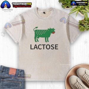 Top Lactose Cow Parody Logo on a Washed T-Shirt, featuring a fun cow design perfect for lactose lovers and humor fans.