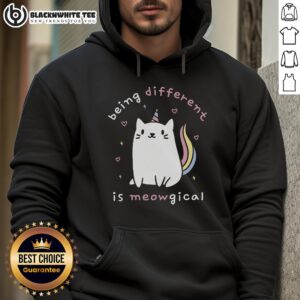 Good Being Different Is Meowgical hoodie featuring a colorful cat graphic, perfect for unique pet lovers and fashion enthusiasts.