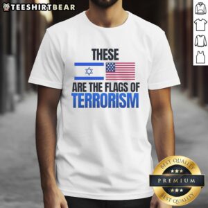 Alt Text: Hot T-shirt featuring Israel and USA flags with a bold design, symbolizing terrorism themes in a provocative style.