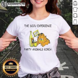 Alt Text: Original The Soju Experience Party Animals Korea Ladies Tee featuring vibrant design and comfortable fit for fun outings.