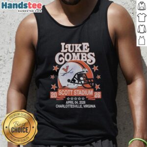 Luke Combs wearing a Virginia Cavaliers helmet tank top at Scott Stadium, Charlottesville, Virginia, April 04, 2026.