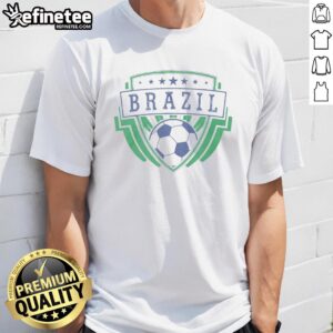 Alt Text: Original Brazil Emblem Badge on a World Cup Football T-Shirt, showcasing vibrant colors and sporty design.