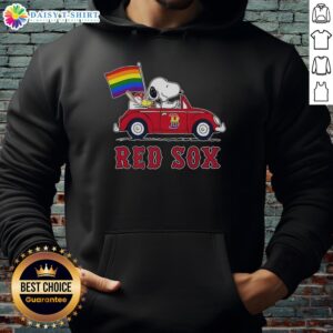Boston Red Sox X Snoopy and Woodstock driving a car with a rainbow flag hoodie, vibrant and playful design.