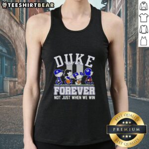 Cartoon characters on a tank top celebrating Duke Blue Devils fandom, featuring 'Top Peanuts X Duke Blue Devils Forever Fan' design.