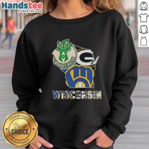 Premium Wisconsin sports teams graphic transfer state sweatshirt showcasing team logos and vibrant colors.