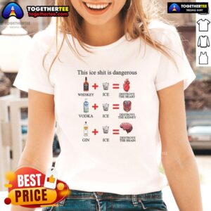 Alt Text: Top This Ice Shit Is Dangerous Alcohol Ladies Tee featuring fun graphic design and vibrant colors for casual wear.