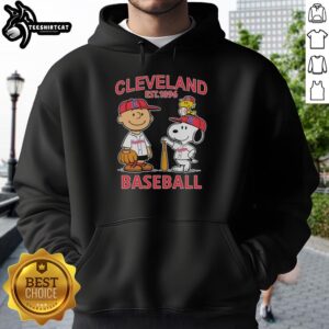Alt Text: Good Charlie Brown, Snoopy, and Woodstock wearing Cleveland Guardians baseball jersey hoodie, est. 1896.
