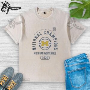 Original Michigan Wolverines 2026 NCAA Men's Basketball National Champions Fast Break Washed T-Shirt displayed on a hanger.