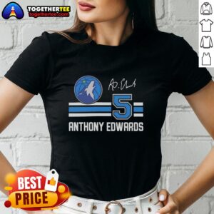 Awesome Anthony Edwards Minnesota Timberwolves signature name and number ladies tee showcasing team pride and style.