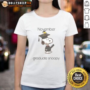 Pretty November Graduate Snoopy Woodstock Ladies Tee featuring colorful graphics, perfect for celebrating graduation.
