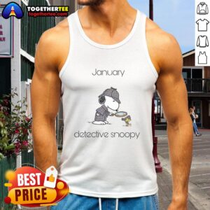 Alt Text: Original January Detective Snoopy Woodstock tank top featuring vibrant graphics and playful design for fans.