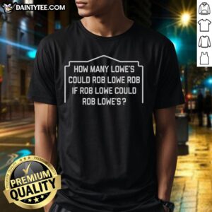 Funny 'How Many Lowe's Could Rob Lowe Rob' T-Shirt featuring playful text design for fans of Rob Lowe and clever humor.
