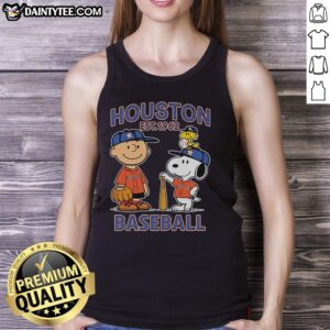 Alt Text: Charlie Brown, Snoopy, and Woodstock wearing a Houston Astros jersey, Est. 1962, featured on a stylish tank top.
