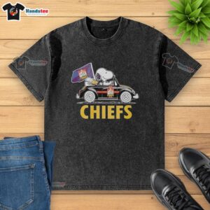 Alt Text: Original Snoopy and Woodstock driving a car, cheering for Gallagher Chiefs on a washed t-shirt design.