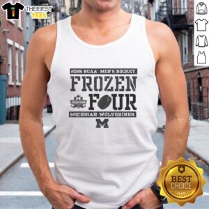 Top Michigan Wolverines 2026 NCAA Men's Hockey Frozen Four Bound tank top featuring team colors and logo design.