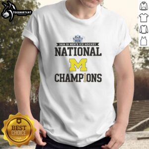 Premium Michigan Wolverines 2026 Men's Ice Hockey Frozen Four Champions T-Shirt featuring team logo and winning design.