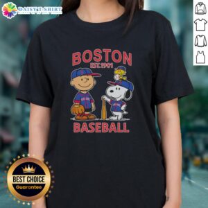 Pretty Charlie Brown and Snoopy Boston Red Sox basketball ladies tee, established 1901, showcasing playful cartoon design.
