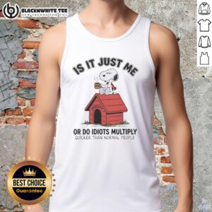 Funny Snoopy tank top featuring the phrase 'Do Idiots Multiply Quicker Than Normal People?' for humorous fashion lovers.