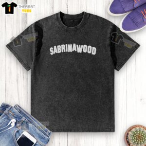 Top Sabrina Wood logo on a washed t-shirt, showcasing stylish casual wear for trendy fashion enthusiasts.