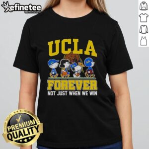 Cartoon characters on Top Peanuts x UCLA Bruins Forever Fan tee, celebrating loyalty beyond wins. Perfect for ladies!