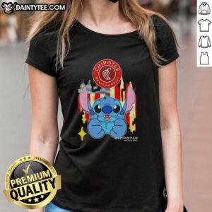 Cute Stitch-like Chipotle Mexican Grill USA Flag Ladies Tee featuring vibrant colors and a stylish design.
