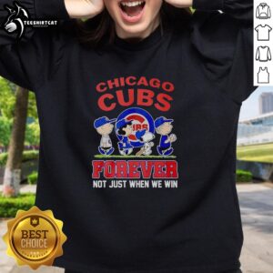 Adorable Peanuts characters in Chicago Cubs MLB sweatshirt, celebrating fandom: 'Forever Not Just When We Win.'