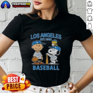 Good Charlie Brown, Snoopy, and Woodstock in Los Angeles Dodgers baseball jersey, Est. 1883, on ladies tee shirt.