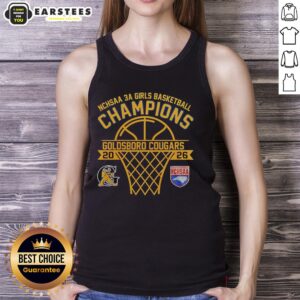 Alt Text: Awesome Goldsboro Cougars NCHSAA 3A Girls Basketball Champions tank top design featuring team colors and logo.