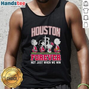 Official Peanuts Characters x MLB Houston Astros tank top featuring 'Forever, Not Just When We Win' design.