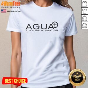 Alt Text: Hot Agua Alkaline Hydration logo on a stylish ladies tee, promoting healthy hydration with a chic design.
