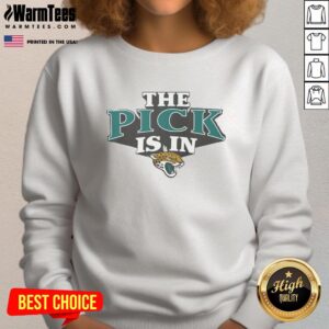 Stylish Jacksonville Jaguars sweatshirt displaying 'Pick Is In' message, perfect for fans and game day attire.
