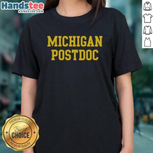 Alt Text: Official Michigan Postdoc NLA Ladies Tee in vibrant colors, perfect for showcasing pride and support for Michigan postdocs.